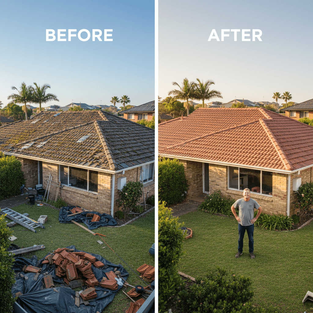 Completed roofing project with spotless yard and clean-up guarantee fulfilled