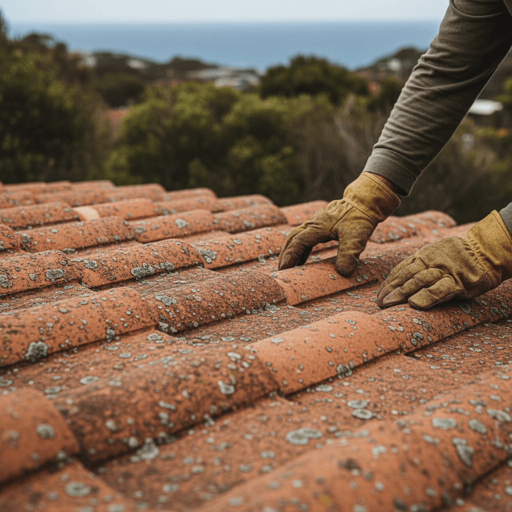 Close-up of professional inspecting coastal roof tiles for salt corrosion and damage
