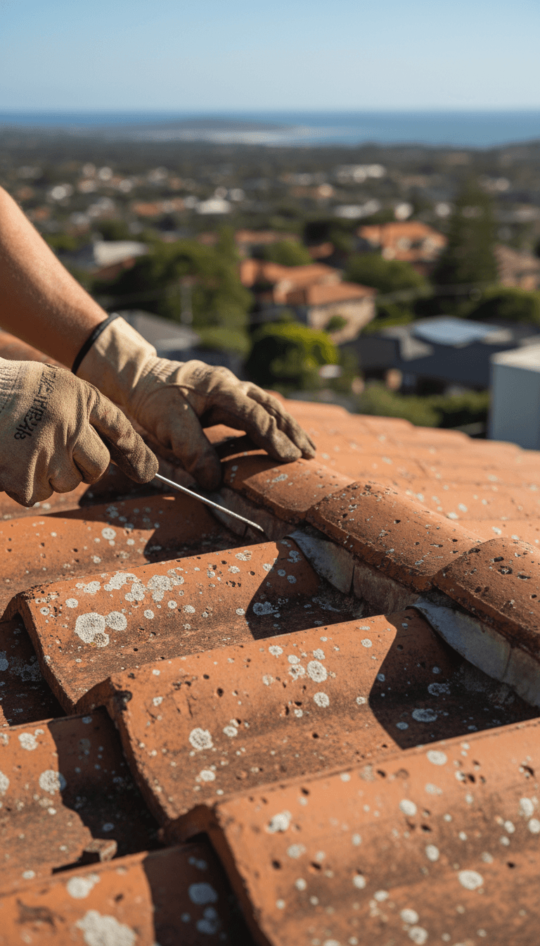 Roofer inspecting coastal roof tiles for damage and corrosion during a health check