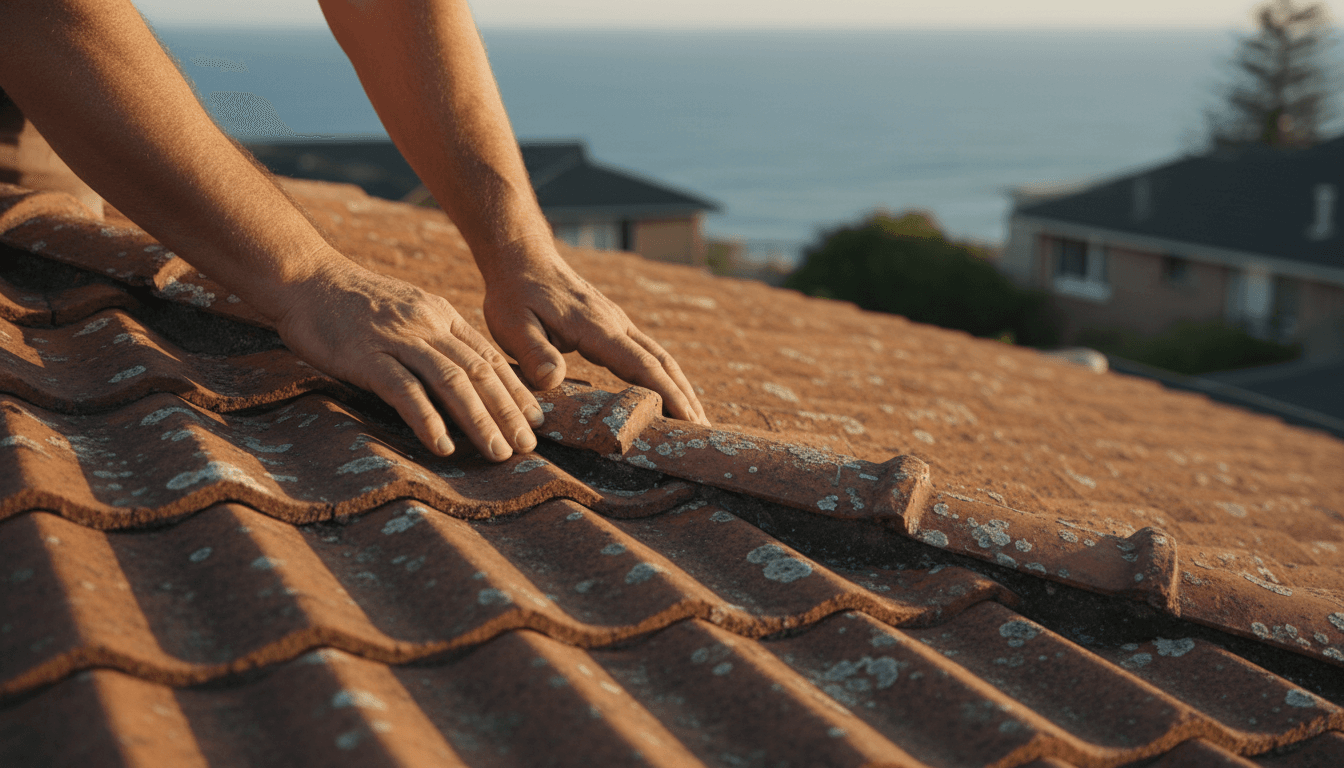 Experienced roofer inspecting coastal roof tiles for damage and salt-spray corrosion on a Northern Beaches home
