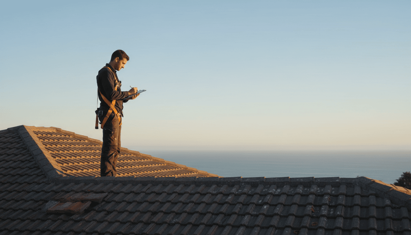 Roofing specialist conducting coastal roof inspection on Northern Beaches home