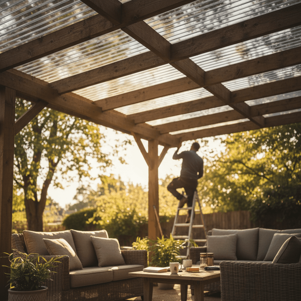 Completed pergola roofing repair with new protective covering