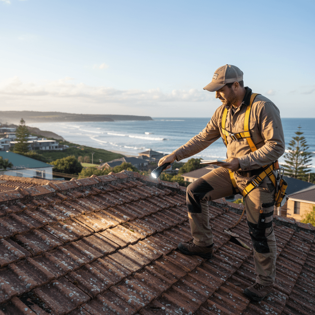 Roofer performing coastal roof health inspection