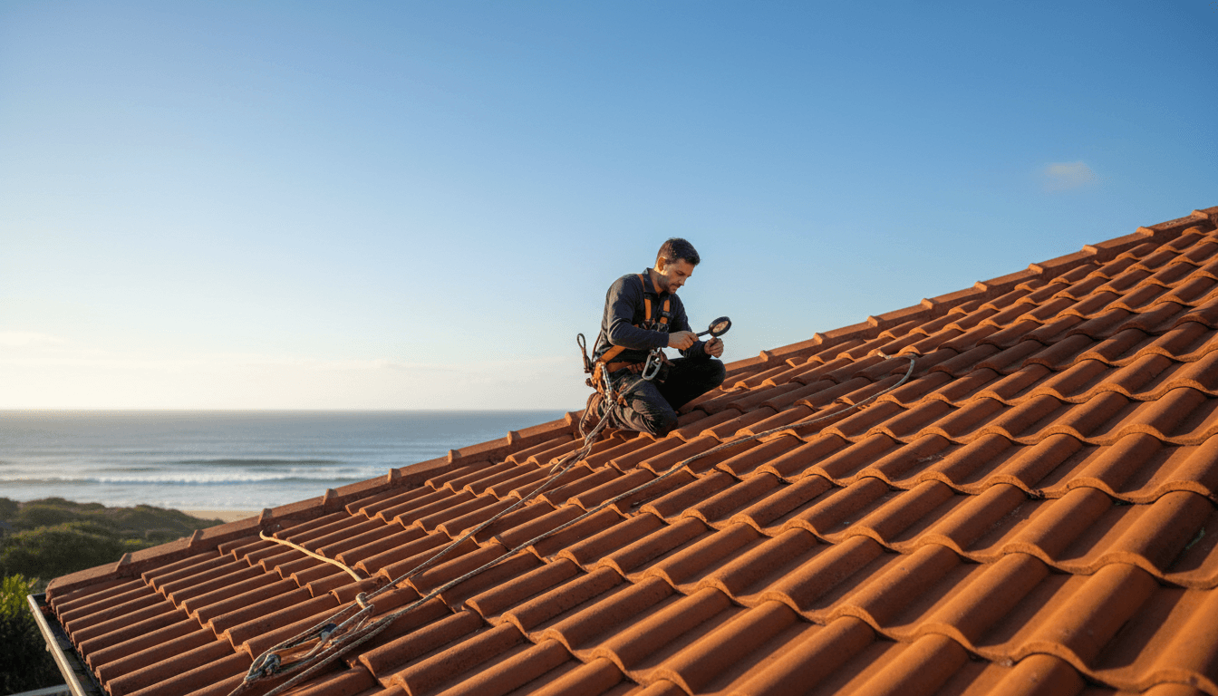 Experienced roofer performing detailed coastal roof inspection on Northern Beaches home