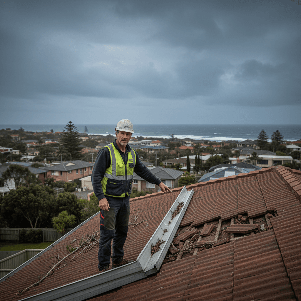 Professional assessing roof damage and structural integrity after coastal storm