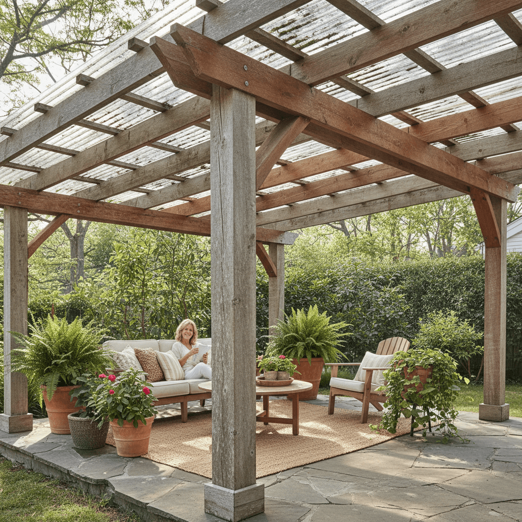 Restored pergola with new roofing panels creating comfortable outdoor living space