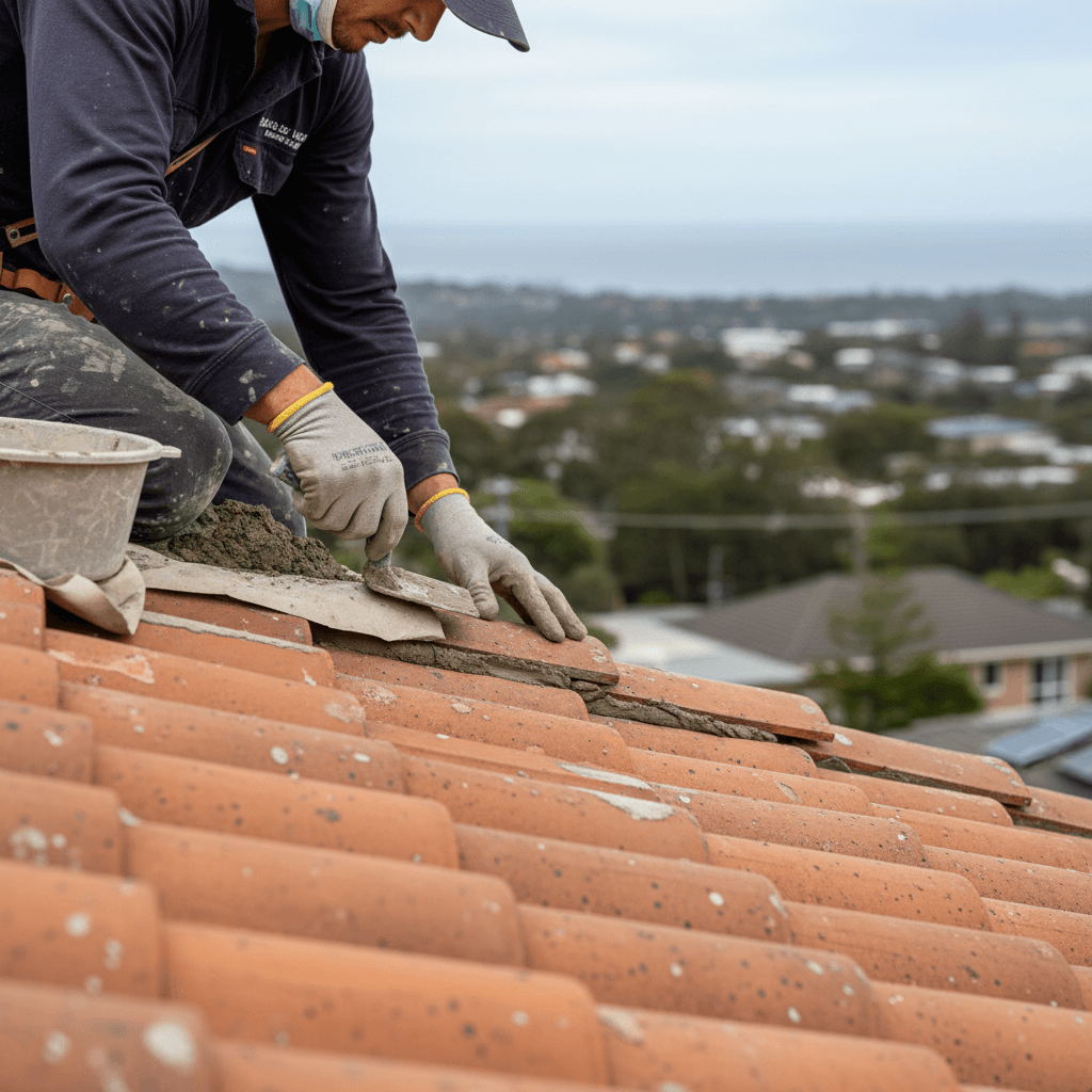 Roofer performing precision tile repointing and mortar repair work