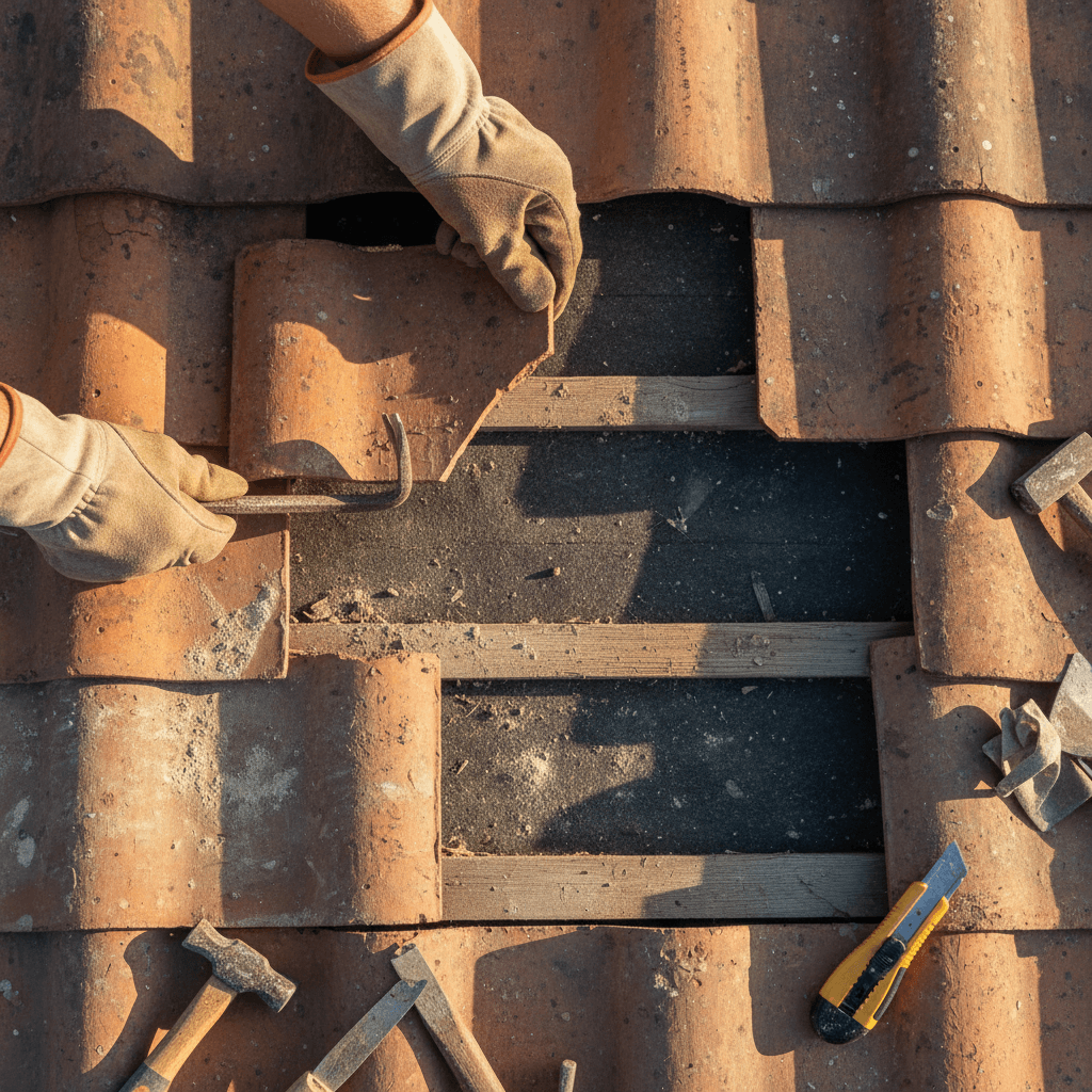Close-up of expert tile removal and roof repair work